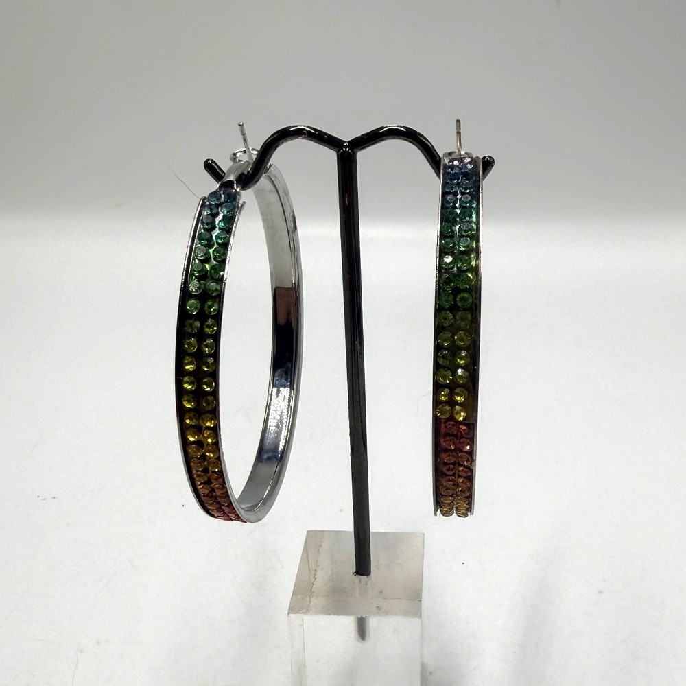 Rainbow Rhinestone Silver Tone Large Hoop Earrings Pride Multi Color Crystal